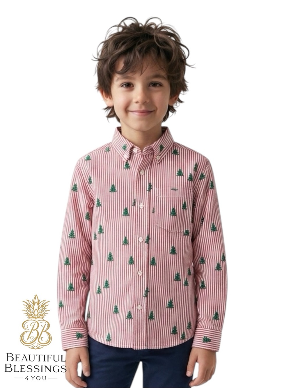 The Children’s Place Christmas Tree Button Up Shirt Toddler Boys 2T Striped